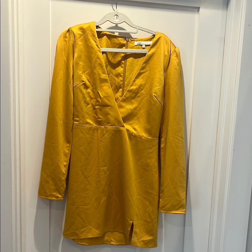 Yellow Sheath Dress with Plunge Neckline and Bishop Sleeves